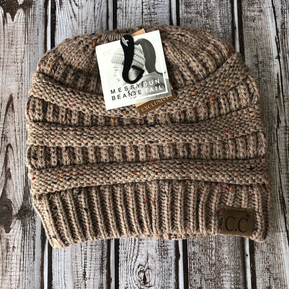 C.C. Original Taupe Confetti Messy-Bun Beanie 🧢 - Picture 2 of 5